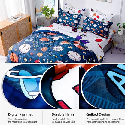 Wajade Sports Comforter Set Bed in A Bag Twin Size 7 Piece 3D Soccer Basketball Baseball Football Bedding Set for Kids Boys (1 Comforter, 1 Flat Sheet, 1 Fitted Sheet, 2 Pillowcase and 2 Pillow Sham)