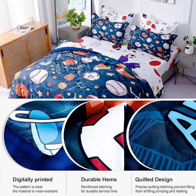 Wajade Sports Comforter Set Bed in A Bag Full Size 7 Piece 3D Soccer Basketball Baseball Football Bedding Set for Kids Boys (1 Comforter, 1 Flat Sheet, 1 Fitted Sheet, 2 Pillowcase and 2 Pillow Sham)