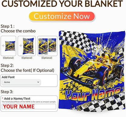 Blanket for Boys, Personalized Racing Car Throw Blanket Gifts for Kids Boys Age 6-8, 40"x50" Cute Custom Flannel Blankets Gift for Son Cars Lovers Lightweight Throws for Couch Sofa Bed Decor