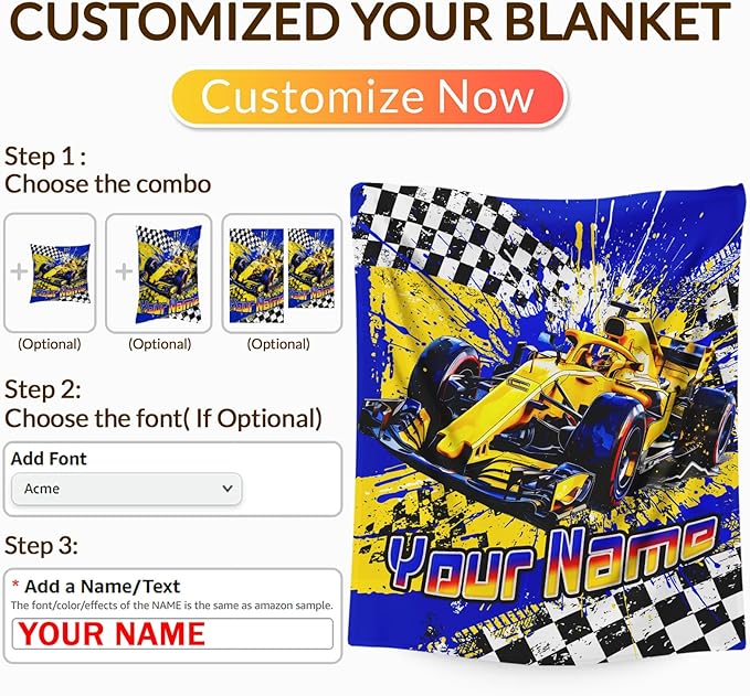 Personalized Blanket for Boys, Racing Car Throw Blanket Gifts for Kids Boys Age 10-12, 50"x60" Cool Custom Flannel Blankets Gift for Son Cars Lovers Lightweight Throws for Couch Sofa Bed Decor