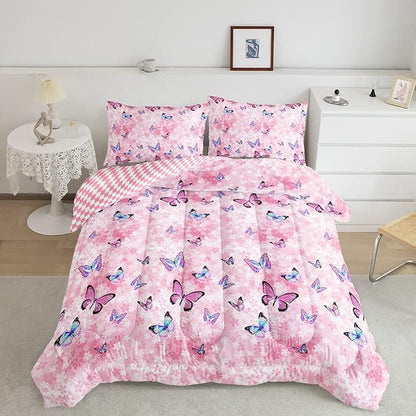 Datura home Kids Comforter Set Girls Pink Flower Butterfly Printed Pattern Quilt Bedding Set with 1 Comforter and 2 Pillowcases for Girls Bedroom All Season(Pink Flower Butterfly Twin 68x86inch)