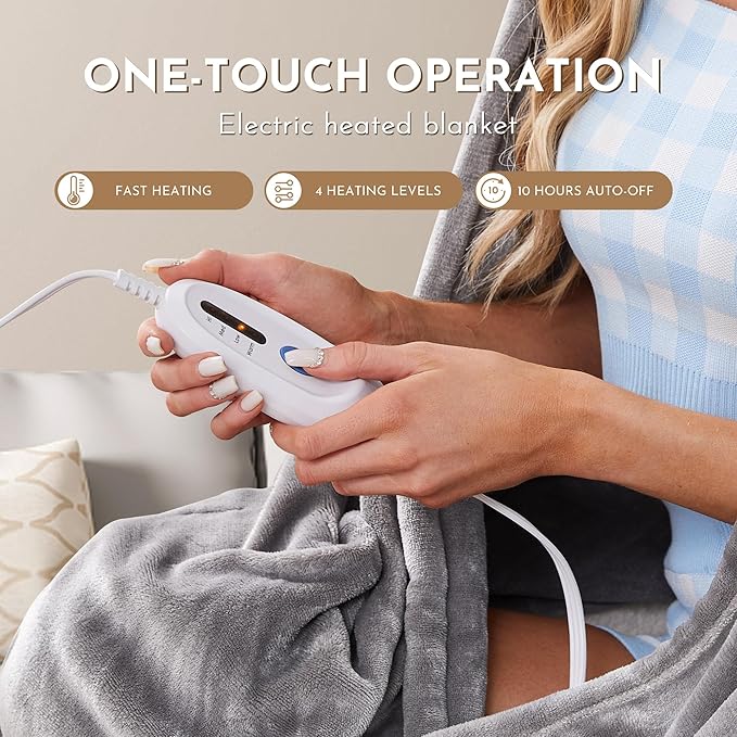 Electric Heated Blanket 72" x 84" Full Size Soft Flannel, 4 Heating Levels ＆ 10 Hours Auto Off, Machine Washable - Light Grey