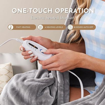 Electric Heated Blanket 72" x 84" Full Size Soft Flannel, 4 Heating Levels ＆ 10 Hours Auto Off, Machine Washable - Light Grey