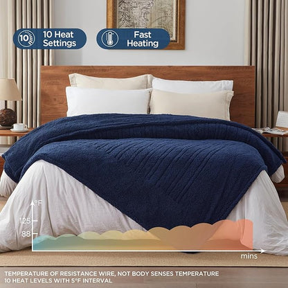 Westinghouse Electric Blanket Queen Size, Soft Plush Sherpa Heated Blanket with 10 Heating Levels & 1-12 Hours Auto-Off, Machine Washable, 84x90 inches, Navy