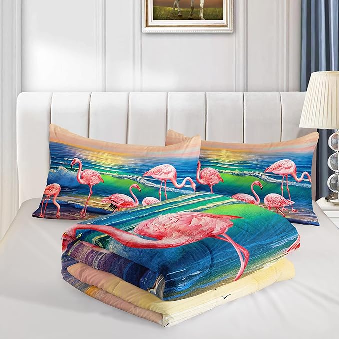 HOSIMA Flamingos Comforter Full Size,Pink Wild Flamingo Bedding Tropical Beach Room Decor,Seaside Home Decor Hawaiian Vacation Style Bedding for Girls Kids with 2 Pillow Cases.