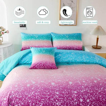 URBONUR 6Pcs Queen Comforter Set for Girls Multicolor Gradient Glitter Tie Dye Pink Blue Bedding Set with Sheets, Soft Fluffy All Season Kids Teen Bed in A Bag