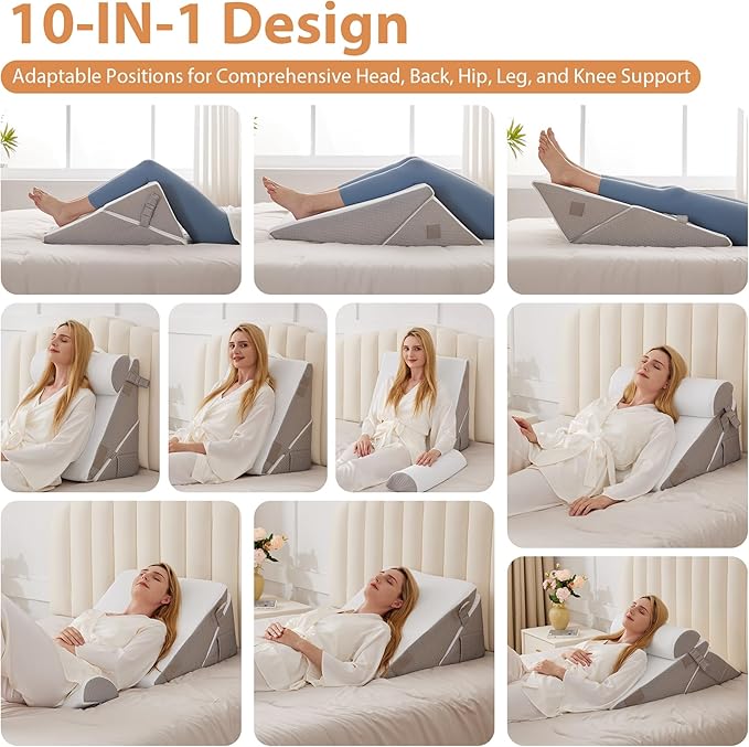 3PCS Wedge Pillow Set for After Surgery, Wedge Pillow for Acid Reflux Relief, Bed Wedge Pillow With Adjustable 9&12inch for Headboard,Sleeping, Orthopedic Memory Foam for Neck&Back Support, White/Grey