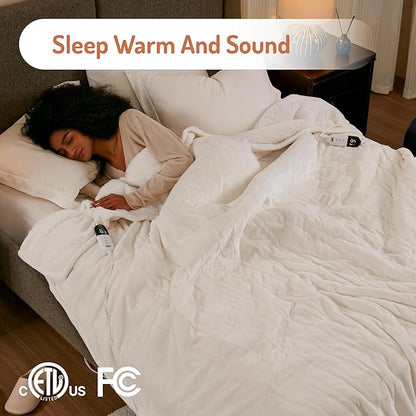 Degrees of Comfort Electric Blanket Twin Size - Soft Sherpa Flannel Heated Blankets - 6 Heat Settings, 10-Hour Auto Shut-Off, Overheat Protection, Etl Certified - 62x84'', Ivory
