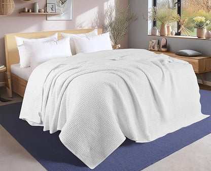 Tex Trend White Waffle Blankets – 100% Cotton Blankets Queen Size – Breathable and Soft for Christmas – Suitable for Bed Layering, Sofa and Couch (90”x90”)