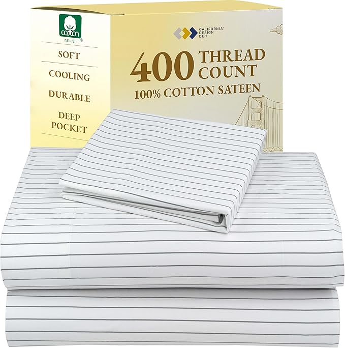California Design Den Deep Pocket Twin Sheets Set - 400 Thread Count Sateen, Natural 100% Cotton Sheets, and Durable Bedding Set - Pinstriped