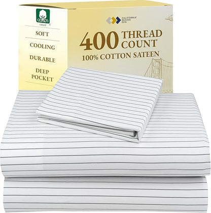 California Design Den Deep Pocket Twin Sheets Set - 400 Thread Count Sateen, Natural 100% Cotton Sheets, and Durable Bedding Set - Pinstriped