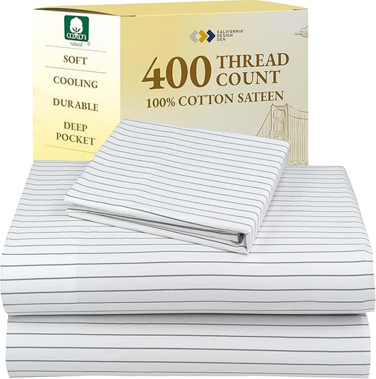 California Design Den Deep Pocket Twin Sheets Set - 400 Thread Count Sateen, Natural 100% Cotton Sheets, and Durable Bedding Set - Pinstriped