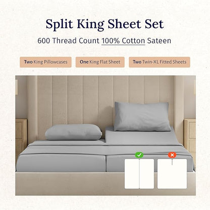California Design Den Split King Sheet Set - 100% Cotton, 600 Thread Count, Breathable Luxury King Size Sheets for Adjustable Bed, Luxury Hotel-Quality Sheets with Soft Sateen Weave - Light Grey