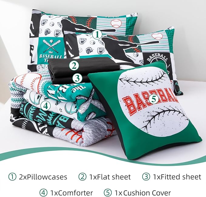 A Nice Night Sports Geometric Grid Black Patchwork Baseball Printed for Boys Queen 6Pcs Bed in A Bag Comforter Bedding Set,Green