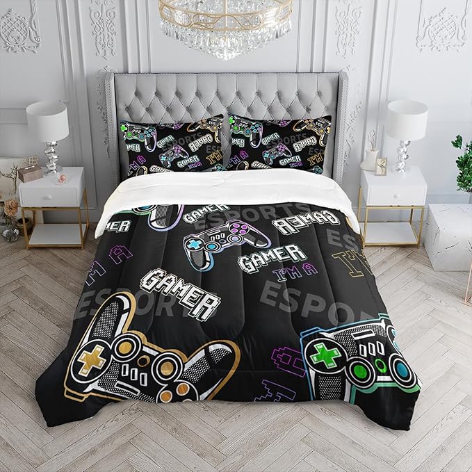 Gamer Console Theme Comforter 3Pcs Queen Games Contoller Esports Bedding Set for Kids Teens Boys Girls Adults 3D Video Game Gamepad Quilt Room Decor with 1 Comforter and 2 Pillowcases