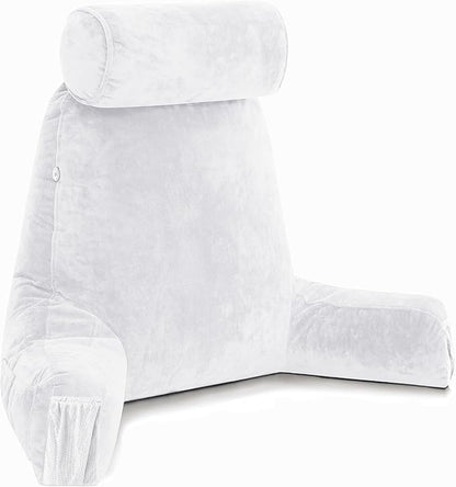 Husband Pillow Medium White, Backrest for Kids, Teens, Petite Adults - Reading Pillows with Arms, Adjustable Loft, Plush Memory Foam, Bed Rest Chair for Sitting Up, Detach Neck Roll, Removable Cover