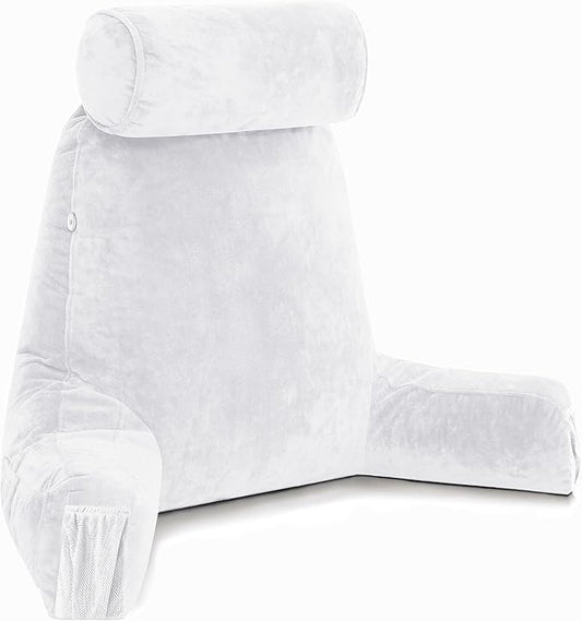 Husband Pillow Medium White, Backrest for Kids, Teens, Petite Adults - Reading Pillows with Arms, Adjustable Loft, Plush Memory Foam, Bed Rest Chair for Sitting Up, Detach Neck Roll, Removable Cover