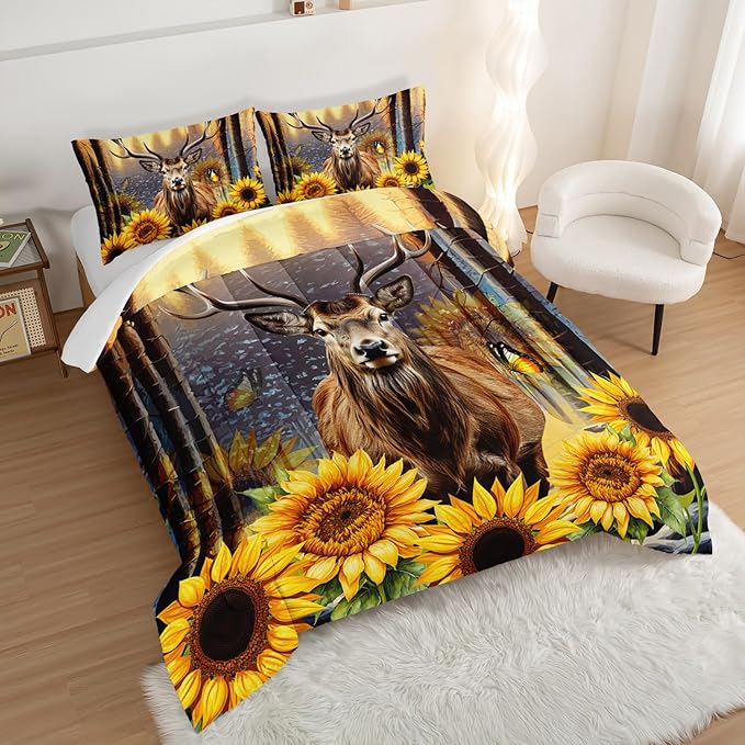 Deer Bedding Sets for Kids Boys Girls Room Decor,Hunting Themed Forest Sunflower Bedding Comforter Sets,Western Comforter Sets Woodland Camo Full Bedding Set with 2 Pillowcases.