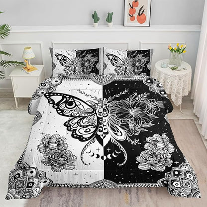 Black White Butterfly Comforter Set - Bohemian Printed Bedding Set with 1 Comforter and 2 Pillowcases for Boys and Girls Bedroom - All Season (Queen)