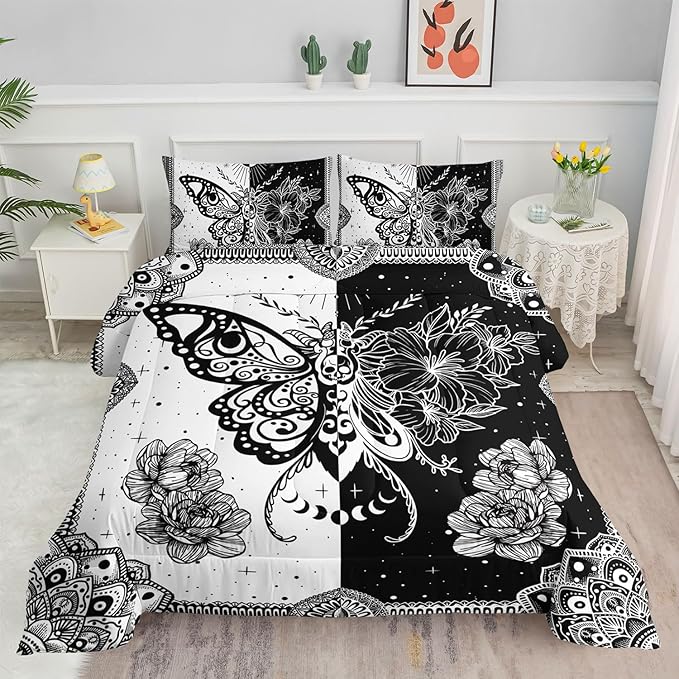Black White Butterfly Comforter Set Bohemian Butterfly Printed Bedding Set with 1 Comforter and 2 Pillowcases for Boys and Girls Bedroom All Season(Butterfly-2 Twin)