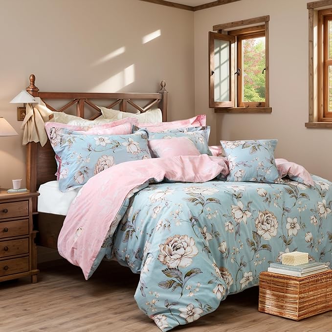 FADFAY Shabby Floral Duvet Cover Set Farmhouse Bedding Blue Cotton Summer Bedding with Hidden Zipper Closure 3 Pieces, 1duvet Cover & 2pillowcases (Twin Size, Simple Style)