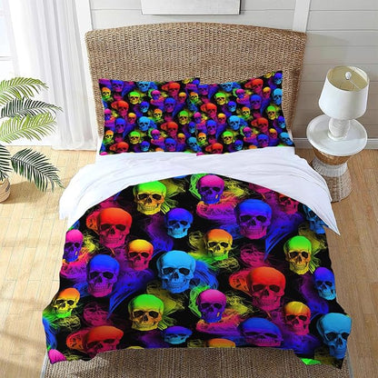 Skull Theme 3 Pieces Duvet Cover Comforter Set with 2 Pillowcase Queen Size Gothic Colorful Bed Sheet Quilt Bedroom Bedding for Lover Kids