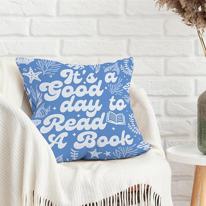 Blue It's A Good Day to Read A Book Classroom Throw Pillow Covers, Sea Coastal Reading Kids Pillows Covers, Ocean Beach Summer Pillow Cases Decor for Library Reading Nook Corner Couch 18x18in