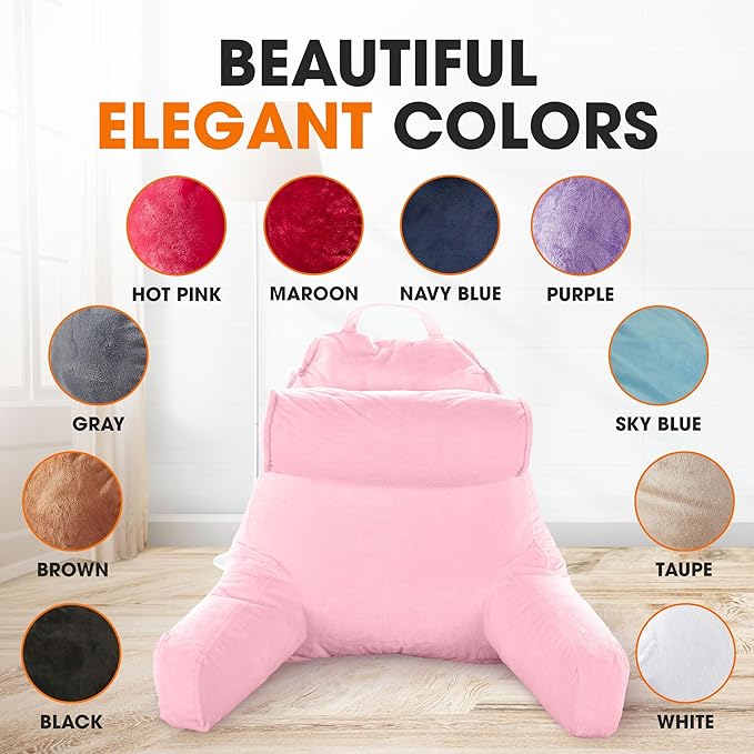 Cheer Collection Reading Pillow Chair - Chair Pillow with Arms and Detachable Neck Bolster for Bed & Couch - Machine Washable, Pink