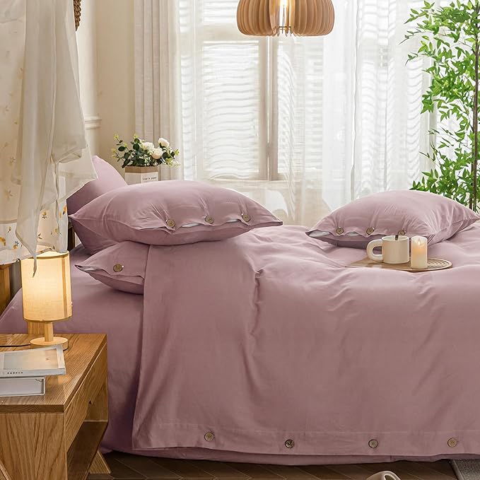 JELLYMONI Cotton Duvet Cover Cal King Size - Pink Comforter Cover with Button 100% Washed Cotton 3PCS Breathable Soft Solid Bedding Set Duvet Cover 104×98in & 2 Pillowcases (NO Comforter)