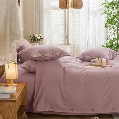 JELLYMONI Cotton Duvet Cover Cal King Size - Pink Comforter Cover with Button 100% Washed Cotton 3PCS Breathable Soft Solid Bedding Set Duvet Cover 104×98in & 2 Pillowcases (NO Comforter)