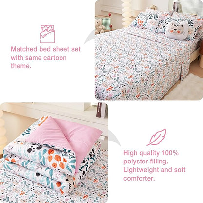 Mooreeke Full Size Comforter Sets for Girls Kids, 8 Pieces Bed in a Bag Flower and Cat Bedding Comforter Sheet Set with Shams and Decorative Toy Pillow, Ultral Soft Microfiber Kids Bed Set
