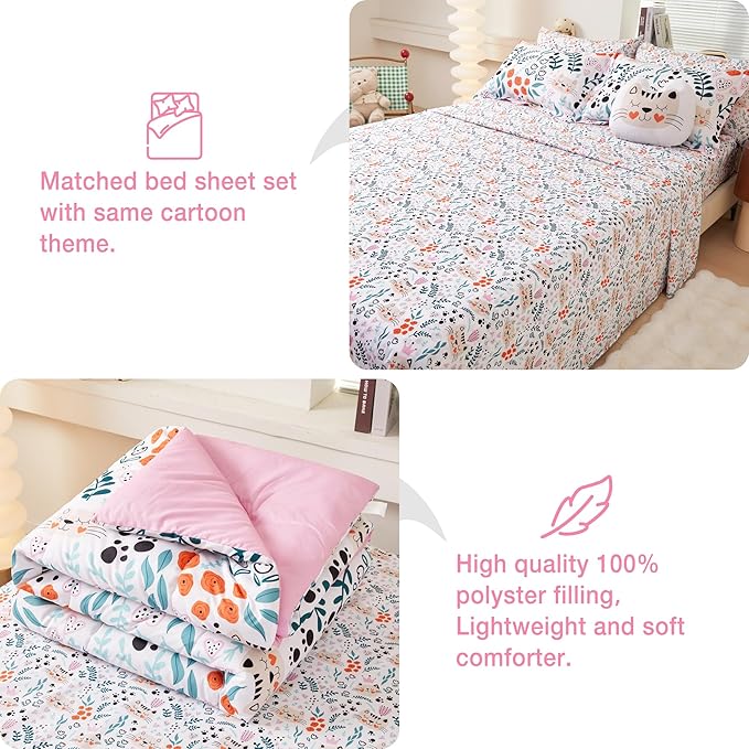 Mooreeke Twin Size Comforter Sets for Girls Kids, 6 Pieces Bed in a Bag Flower and Cat Bedding Comforter Sheet Set with Shams and Decorative Toy Pillow, Ultral Soft Microfiber Kids Bed Set