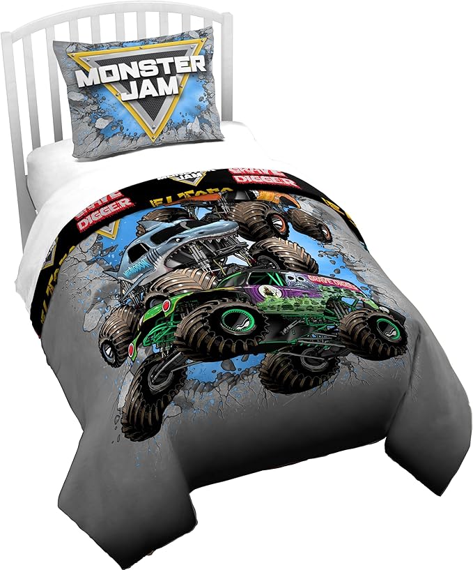Jay Franco Duvet Cover Set – 2 Piece Comforter Cover and Sham Set, Super Soft Cozy Kids Bedding (Insert Not Included) Grey - Monster Jam, Twin