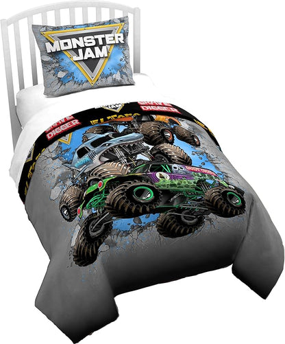 Jay Franco Duvet Cover Set – 2 Piece Comforter Cover and Sham Set, Super Soft Cozy Kids Bedding (Insert Not Included) Grey - Monster Jam, Twin
