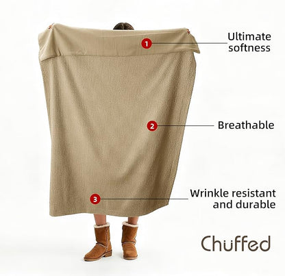CHUFFED Cotton Waffle Blanket King Size - Plush Milk Velvet & Reversible Waffle Weave,Anti-Static 500Gsm Design，Thick Cozy Soft Winter Blanket for Bed, Couch, Sofa - Khaki, 104x90 Inches