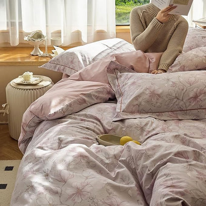 AOJIM Aesthetic Pink Duvet Cover Set with Gardenia Patterns for Room Decor, Pure Cotton Comforter Cover Set 3pcs for Kids Adults, 1 Soft Cozy Printed Quilt Cover Queen Size and 2 Pillowcases