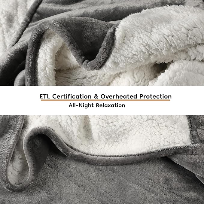 Electric Heated Blanket Queen Size - 84"x90", Soft Flannel Heating Blanket, 10 Heating Levels, 1-12 H Auto Shut Off, Dual Controllers, Breathable Warm and Washable for Bed, Light Grey