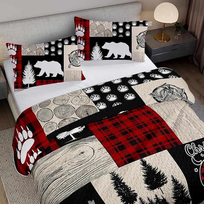 QOOMO Farmhouse Quilt Set Twin Size,Hunting Bedspread Coverlet Set,Bear 3Pcs Bedding Set Printed Quilt with 2 Pillowcases,Soft and Lightweight,for All Seasons