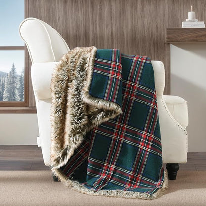 HORIMOTE HOME Luxury Plush Faux Fur Throw Blanket with Green Plaid Pattern, Super Warm, Fuzzy, Elegant, Fluffy Decoration Christmas Holiday Blanket for Couch, Armchair, Sofa and Bed, 60''x 80''