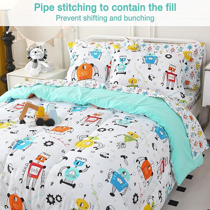Mooreeke Twin Size Comforter Sets for Boys Kids, 6 Pieces Bed in a Bag White Robot Bedding Comforter Sheet Set with Shams and Decorative Toy Pillow, Ultral Soft Microfiber Kids Bed Set