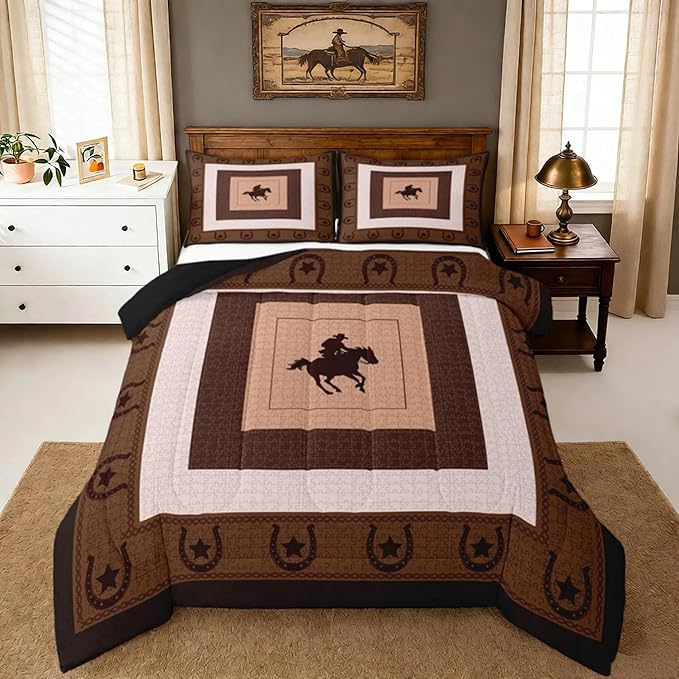 Feelyou Western Decor Comforter Set Queen Size Horse Comforter for Boys Girls Teens Cowboy Bedding Set Southwestern Native Aztec Duvet Set Room Decor Brown Quilt Set