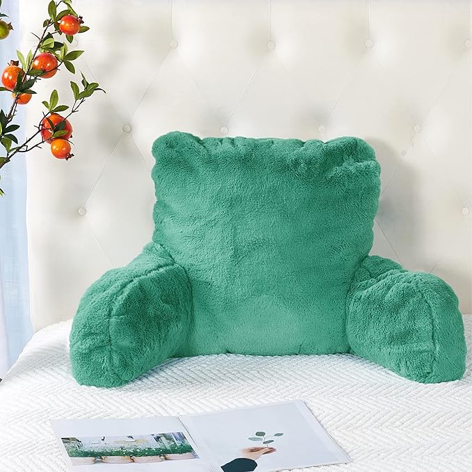 Plush Faux Fur Backrest Reading Bed Rest Pillow with Arms and Pockets for Sitting in Bed Couch Sofa, Back Support Wedge Cushion with Removable Cover, 20" x 18" x 17", Bluish Green