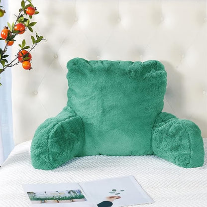 Plush Faux Fur Backrest Reading Bed Rest Pillow with Arms and Pockets for Sitting in Bed Couch Sofa, Back Support Wedge Cushion with Removable Cover, 20" x 18" x 17", Bluish Green