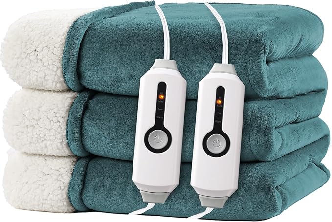 Electric Heated Blanket King Size 90"x100" - Dual-Sided with Microplush & Sherpa Fabric, 4 Heat Settings & 10 Hours Auto Off, Dual Controller, Machine Washable - Teal Green