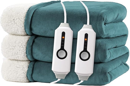 Electric Heated Blanket King Size 90"x100" - Dual-Sided with Microplush & Sherpa Fabric, 4 Heat Settings & 10 Hours Auto Off, Dual Controller, Machine Washable - Teal Green