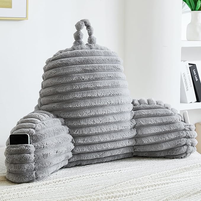 Faux Fur Fluffy Gray Reading Pillow with Pockets, Luxury Striped Plush Decorative, Arm Rests and Back Support for Bed Rest, Lounging on Sofa, Extra Large Size for Adult.