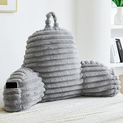 Faux Fur Fluffy Gray Reading Pillow with Pockets, Luxury Striped Plush Decorative, Arm Rests and Back Support for Bed Rest, Lounging on Sofa, Extra Large Size for Adult.