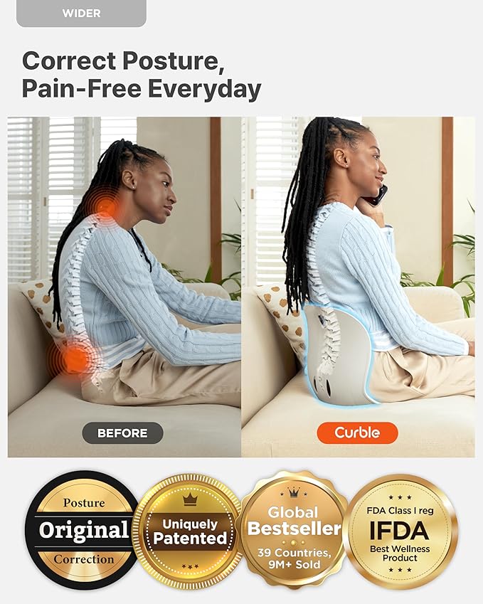 curble Wider(Standard Wide) 2PACK – Ergonomic Lower Back Chair Support, Lumbar Support Back Posture Corrector, Back Pain Relief, Perfect for Office, Floor Seat and Work from Home, Patented (2P Grey)