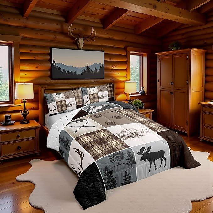 Hunting Camper Comforter Set Queen Size Bear Elk Arrow Wild Animals Bedding Set Kids Boys Teens Women Rustic Farmhouse Cabin Home Decor 3pcs,Retro Geometric Stripes Plaid Duvet Insert,Brown Grey