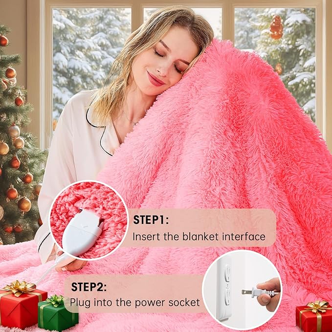 Heated Electric Blanket Heating Throw,Warm Winter Christmas Birthday Gifts for Her Women Grandma Seniors-Faux Fur Blanket with Soft Sherpa,10 Heat Settings,5 Time Settings,50x60, Baby Pink